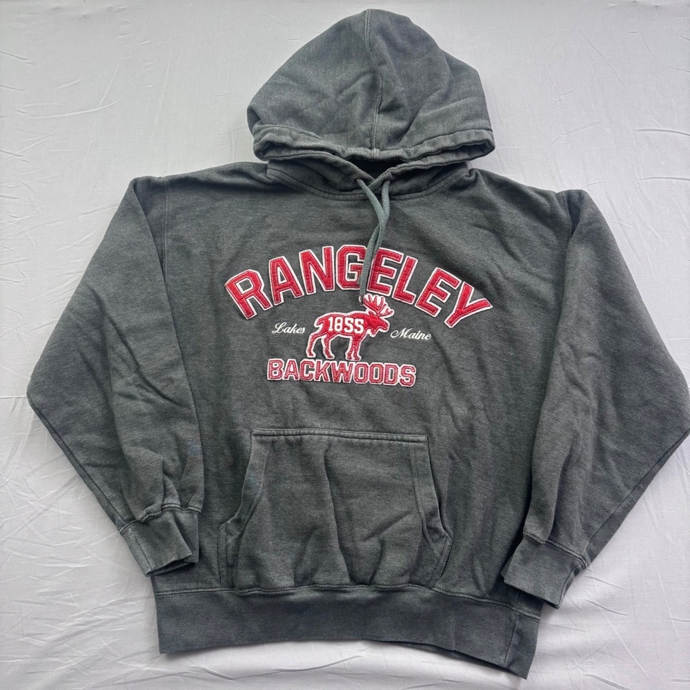 Prairie Mountain Rangeley Lakes Maine Backwoods Moose Hoodie Gray Mens Large